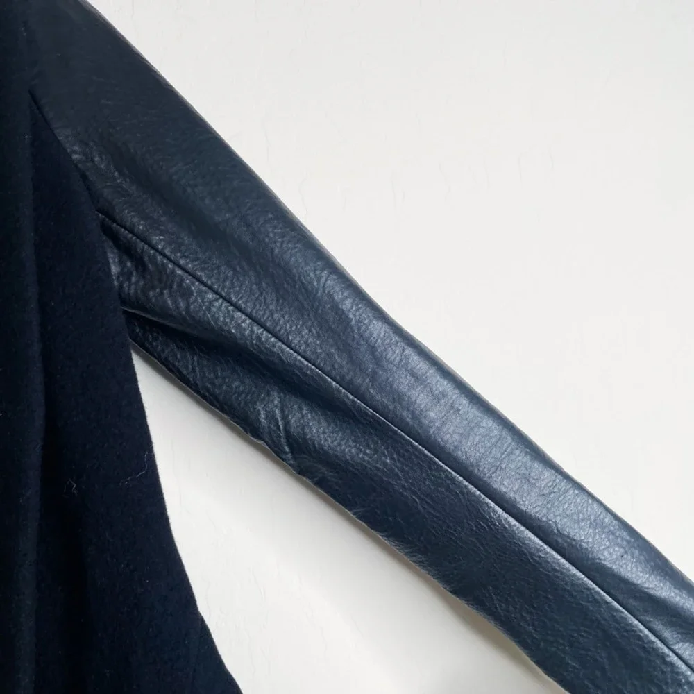 Wool Draped Open-Front Jacket with Genuine Leather Sleeves